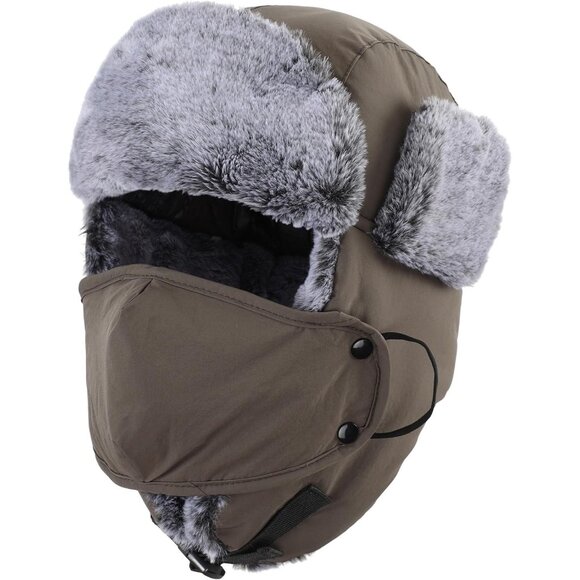 Men Dark Grey Faux Fur Trapper Hat with Face Mask Winter Trooper Hunting Hat